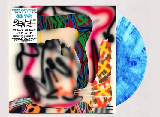 Benee's Hey U X album on blue and white variant color vinyl LP record