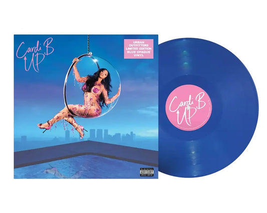 cardi b single of the song "up" on limited edition blue vinyl record, front of sleeve and front of record