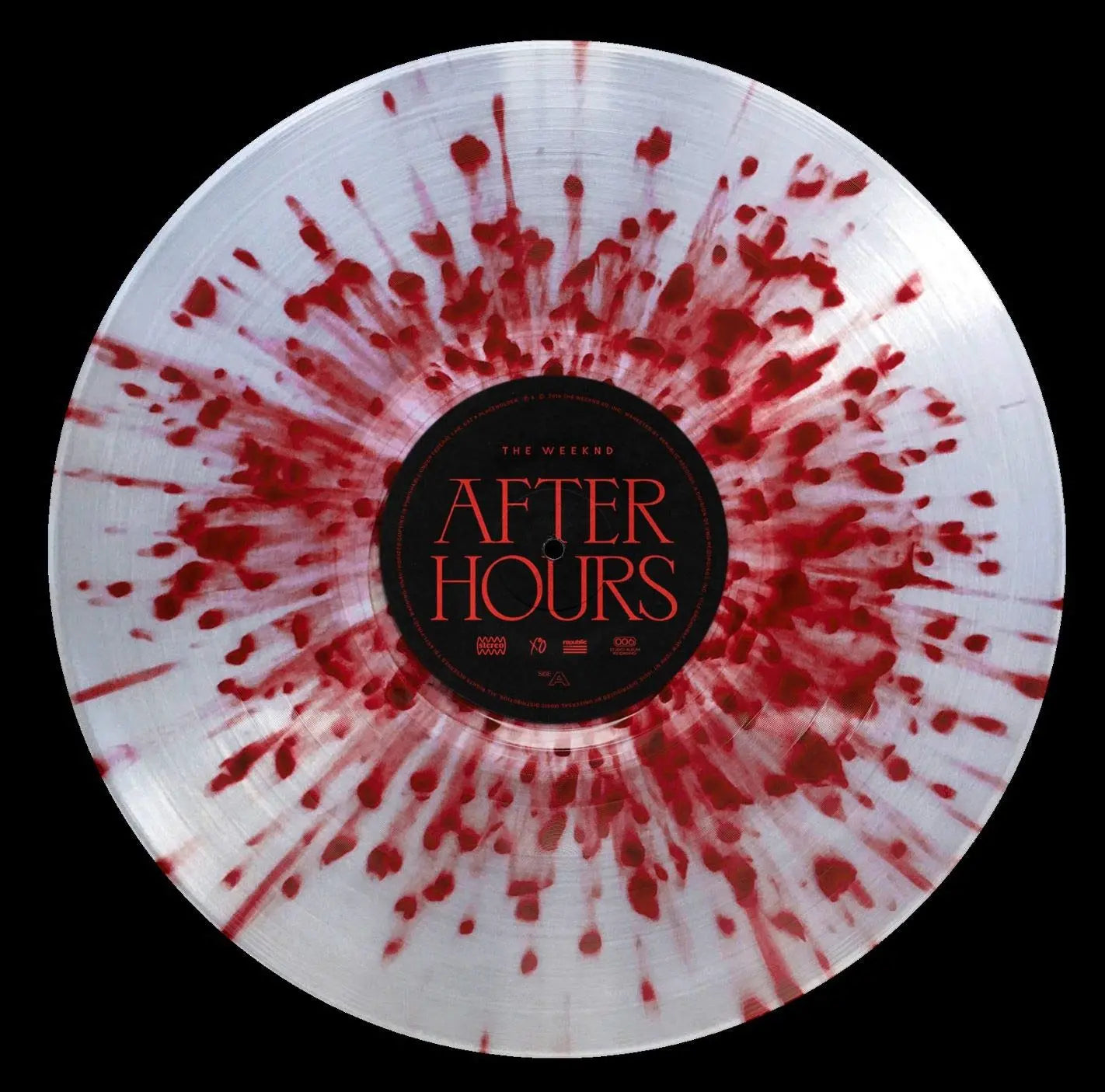 The Weeknd after hours album on clear with red splatter colored variant vinyl disc