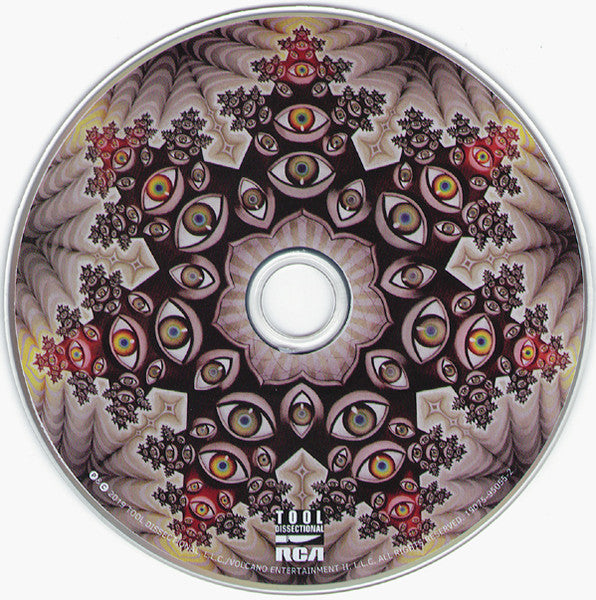 Tool's Fear Inoculum CD, showcasing intricate fractal art filled with mystifying eyes. A visually stunning piece for any discerning music collector.