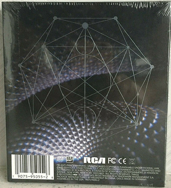 Sealed back view of Tool's Fear Inoculum album, revealing the mystic and intriguing art. An enticing snapshot of what awaits the ardent Tool aficionado upon unboxing.