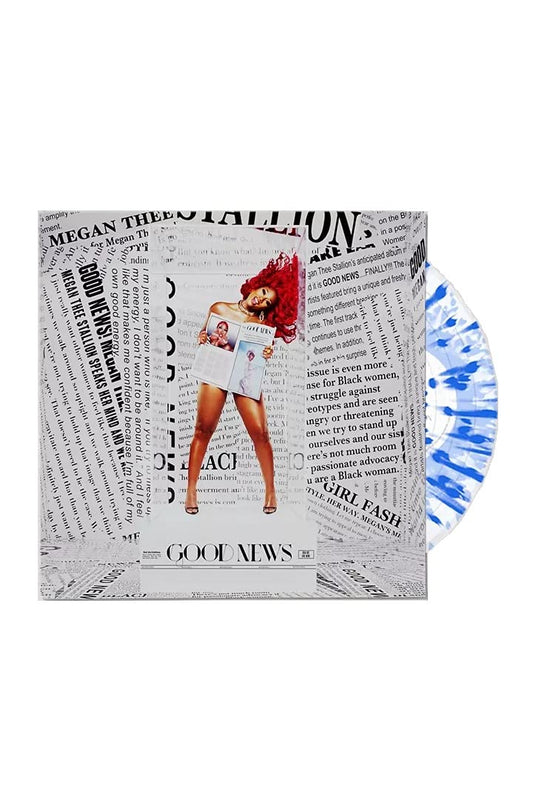 image of Megan Thee Stalloin's 'Good News' album on white and blue colored vinyl LP record