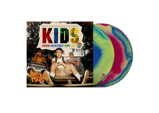 image of mac miller's K.I.D.S. KIDS album on multicolor green blue red olored vinyl LP record